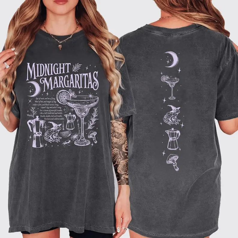 Comfort Colors Midnight Margaritas 2 Side Shirt, Retro Witchy Graphic Tee, Vintage Spooky Season T-Shirt, Cozy Halloween Girls Night Gift, Magical Fall Apparel