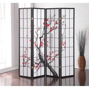 Black Japanese 4-Panel Screen Room Divider, Plum Blossom,Folding (Using high-quality and premium materials),Room Dividers,Room Divider Privacy Screens,for Home Office Bedroom,Stable and sturdy