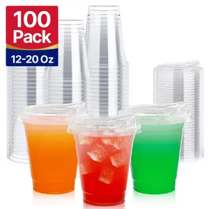 100pc 12oz/16oz/20oz Bulk Plastic Cups with Direct- Lids Disposable Coffee Protein Shake and Juice cup Cups Round Bases No Handles Portable Birthdays Wedding Parties| BPA Free PET Reusable Large party drink iced