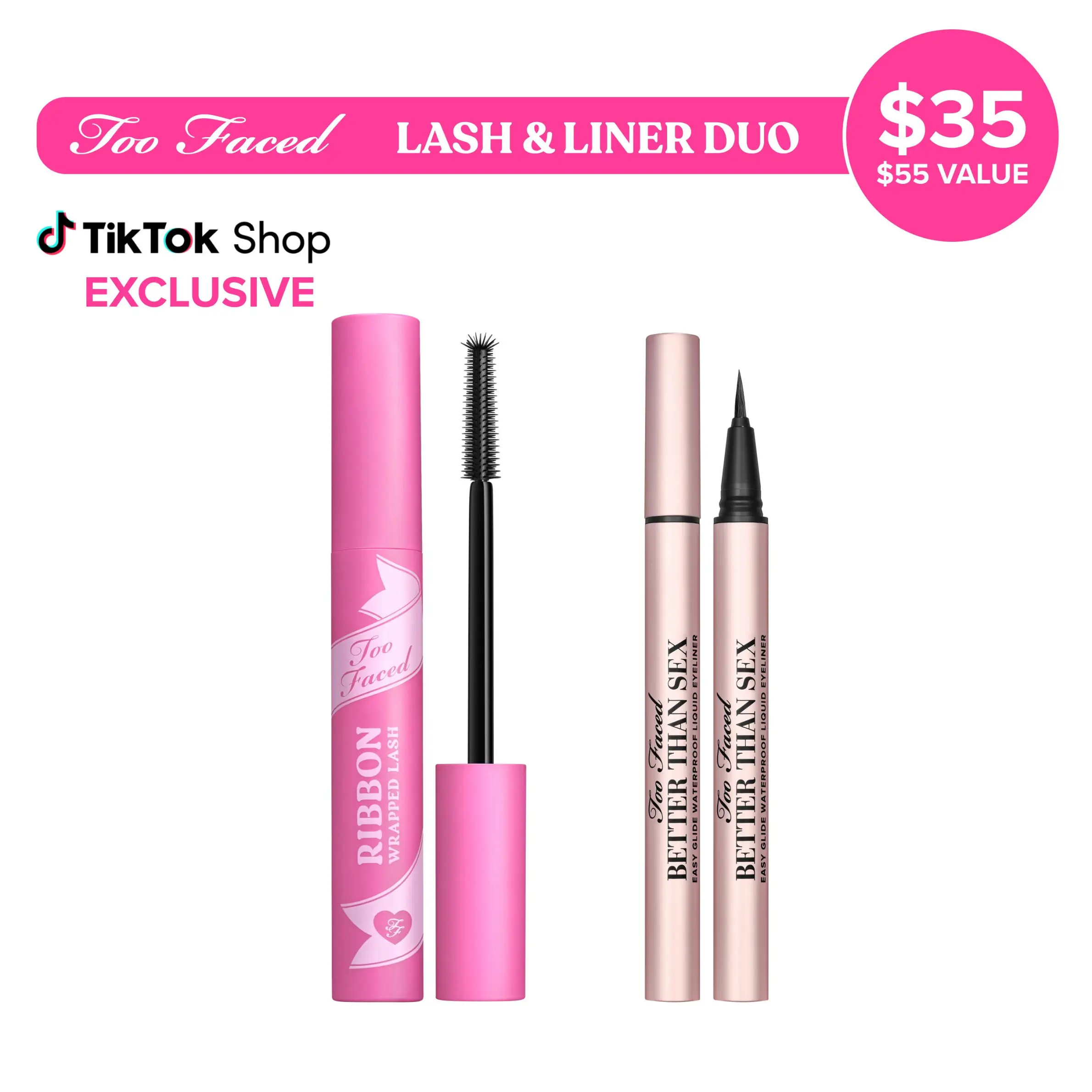 Too Faced Lash and Liner Duo - Ribbon Wrapped Lash Tubing Mascara + Black Waterproof Liquid Eyeliner