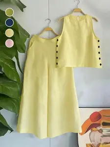 Women's Loose Fit Sleeveless Cami Top & Wide Leg Pants Set, Basic, Womenswear, Button, Breathable Comfort Design, Casual Daily Wear, Clothes