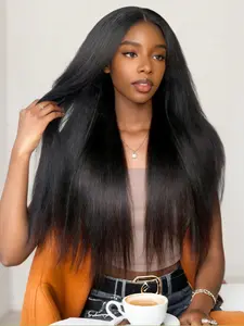 Natural Black Yaki Straight Lace Front Wig, 28 Inch Kinky Straight Heat Resistant Synthetic Hair, 13x4 HD Transparent Lace, Free Part, Pre-Plucked Hairline for Daily Wear, Glueless Frontal Wig, Kinky Straight Wigs