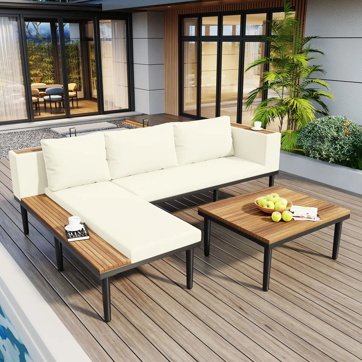 [Bellemave] Luxury Patio Furniture Set with Removable Cushions and Coffee Table, L-Shaped Acacia Wood Sofa with Side table, Outdoor Conversation Sectional Sofa for Backyard, Porch
