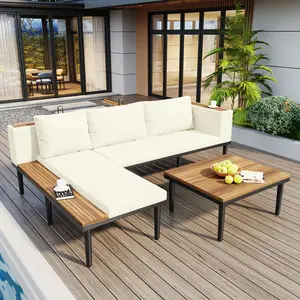 [Bellemave] Luxury Patio Furniture Set with Removable Cushions and Coffee Table, L-Shaped Acacia Wood Sofa with Side table, Outdoor Conversation Sectional Sofa for Backyard, Porch