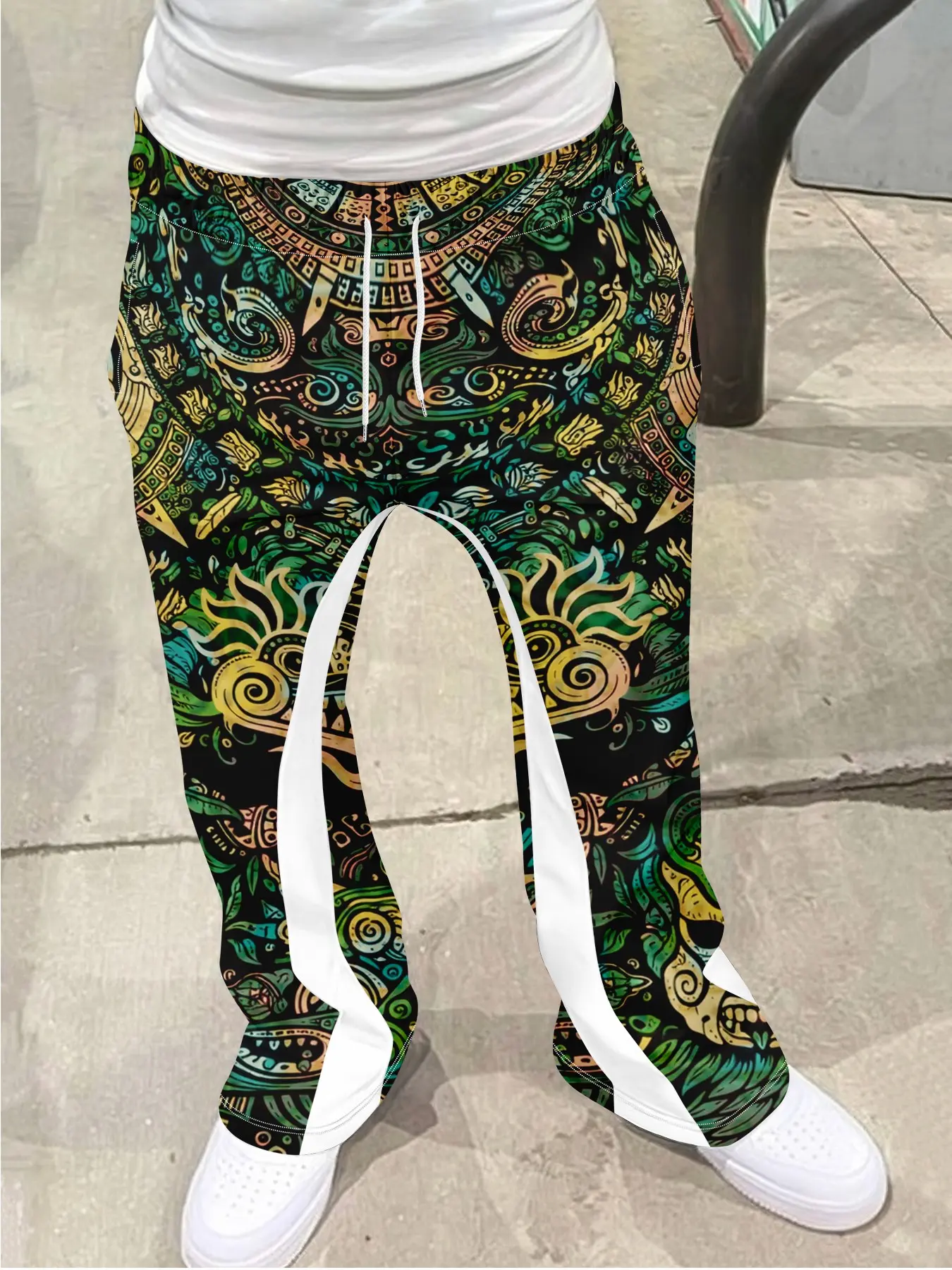 Vintage Aztec Tribal Geometric Pattern Loose Bell Pants, Hip Hop Casual Street Style Wide Leggings, Drawstring Sporty Long Pants, Soft Breathable Fabric, Casual Streetwear Trousers