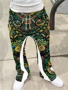 Vintage Aztec Tribal Geometric Pattern Loose Bell Pants, Hip Hop Casual Street Style Wide Leggings, Drawstring Sporty Long Pants, Soft Breathable Fabric, Casual Streetwear Trousers