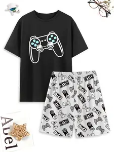 Men's Graphic Tee & All Over Print Elastic Waist Shorts Loungewear Two-Piece Set, Regular Fit Short Sleeve T-Shirt & Shorts PJ Set, Men's Sleepwear for Summer, Nightwear Loungewear Set, Lounge Outfits