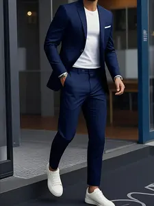 Men'S 2pcs Suit Set, Including Jacket and Trousers, Formal Wear, Business Suits Set, Work Office Suit, Suitable for Parties, Weddings, Solid Color, Long Sleeve, Button Detail, Elegant Slim Fit, All-Season, Non-Stretch Fabric, Lapel Collar, Blazer Set