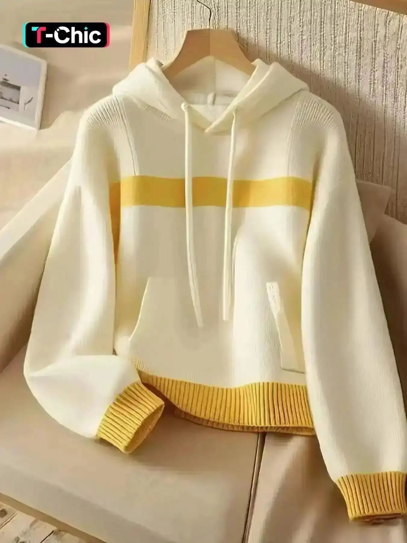 Trendy Retro Lazy Style Fitted Casual Knit Sweater, High-End Patchwork Hoodie Jacket, Unique Design Pullover with Pockets, Soft Comfortable Long Sleeve Knitted Top, Clothes Womenswear, Basic, Outerwear