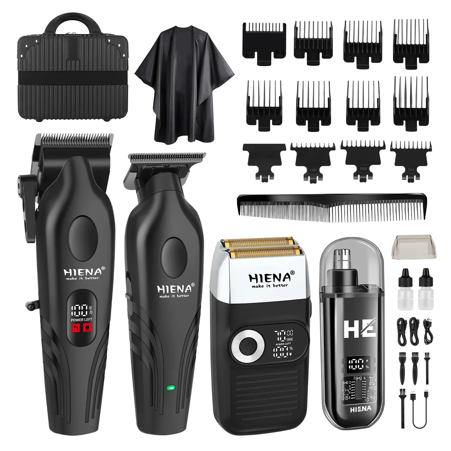 HIENA Professional Hair Clippers and Beard Trimmer for Men, Cordless T-Blade Shaver with USB Charging, Grooming Tool Kit with 12 Guide Combs