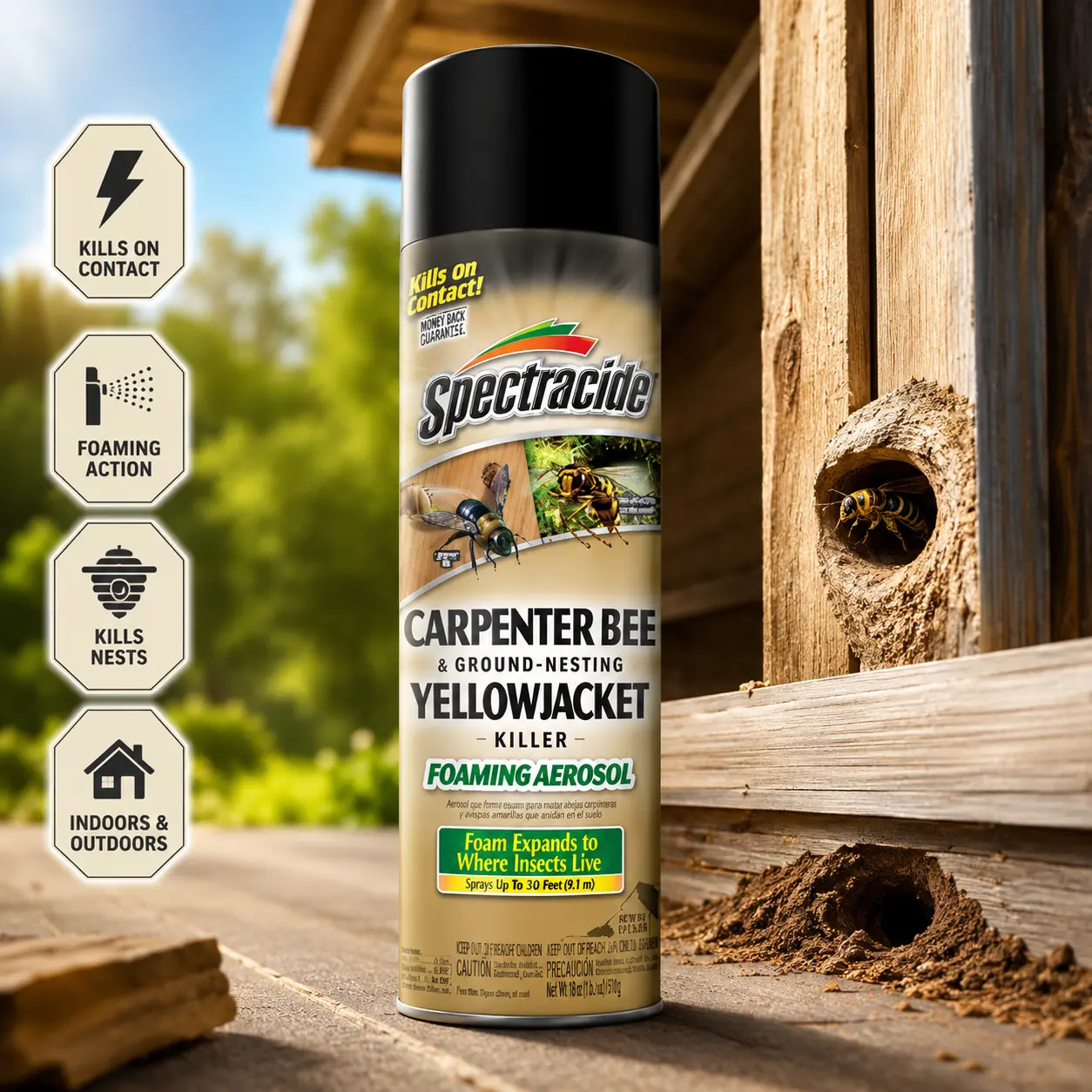 Spectracide Carpenter Bee & Ground-Nesting Yellowjacket Killer Foaming Aerosol, 16 oz, Expands to Target Insect Habitats, Yellow (Home Pest Control Solution)