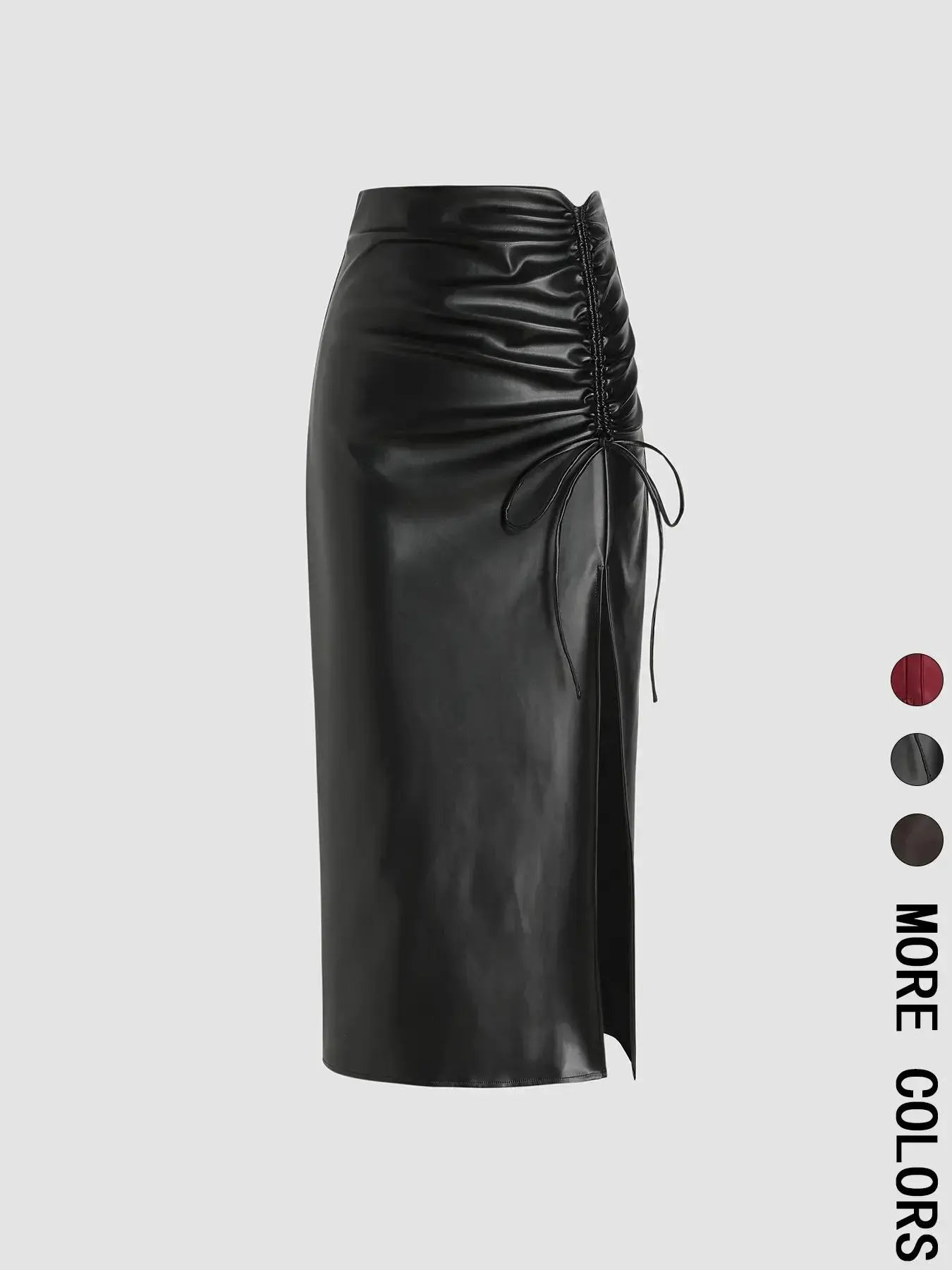 Women's Flattering Ruched Adjustable Drawstring Split Thigh Pu Leather Skirt, Fashion Casual Fit High Waist Long for Daily Wear, Bottoms for Spring & Fall, Womenswear, Lady, feminine charm, graceful movement, flirty hem