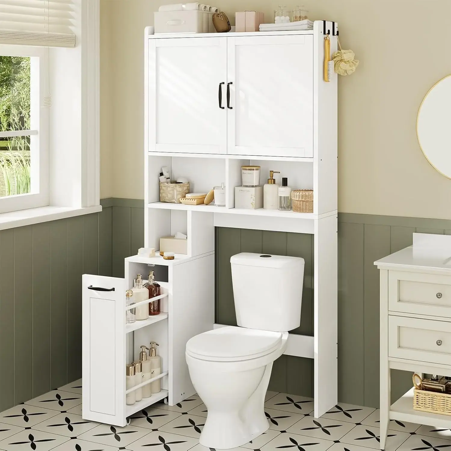 SIKAIC Over The Toilet Storage Cabinet with Wheels, White Bathroom Organizer with Shelves for Space Saving Storage