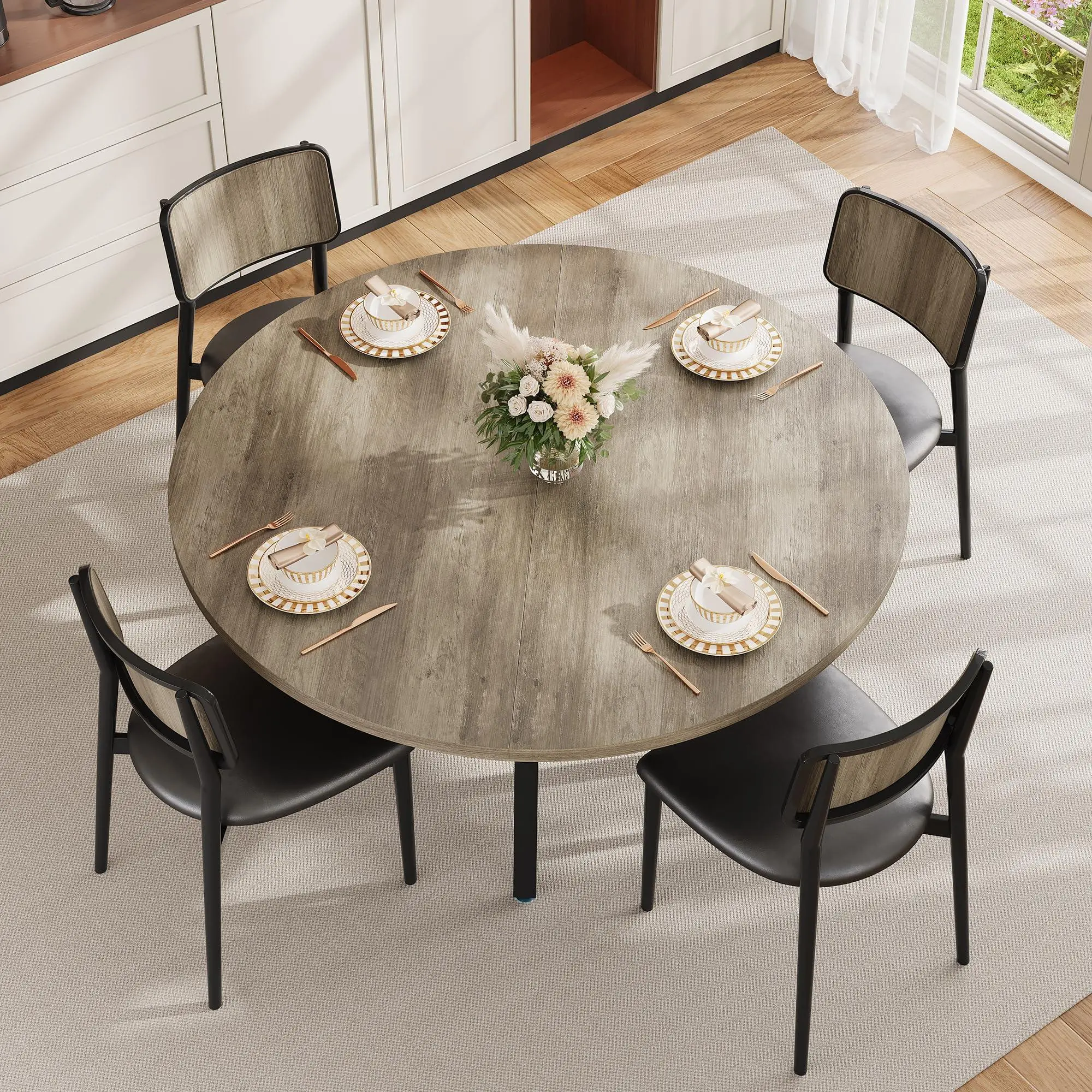 Garvee 47'' Round Dining Table for 4-6 People,Gray Farmhouse Kitchen Dining Table, Round Dinner Table with Storage Shelf for Kitchen, Living Room (Table Only)