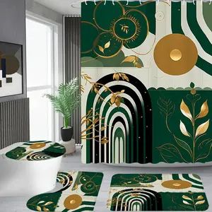 Abstract Pattern Bathroom Decor Set, 4 Counts/set Including 1 Shower Curtain & 1 Bathroom Rug & 1 Toilet U-shape Mat & 1 Toilet Lid Cover Pad, Bathroom Restroom Decor Supplies, Shower Curtain Sets, Home Goods
