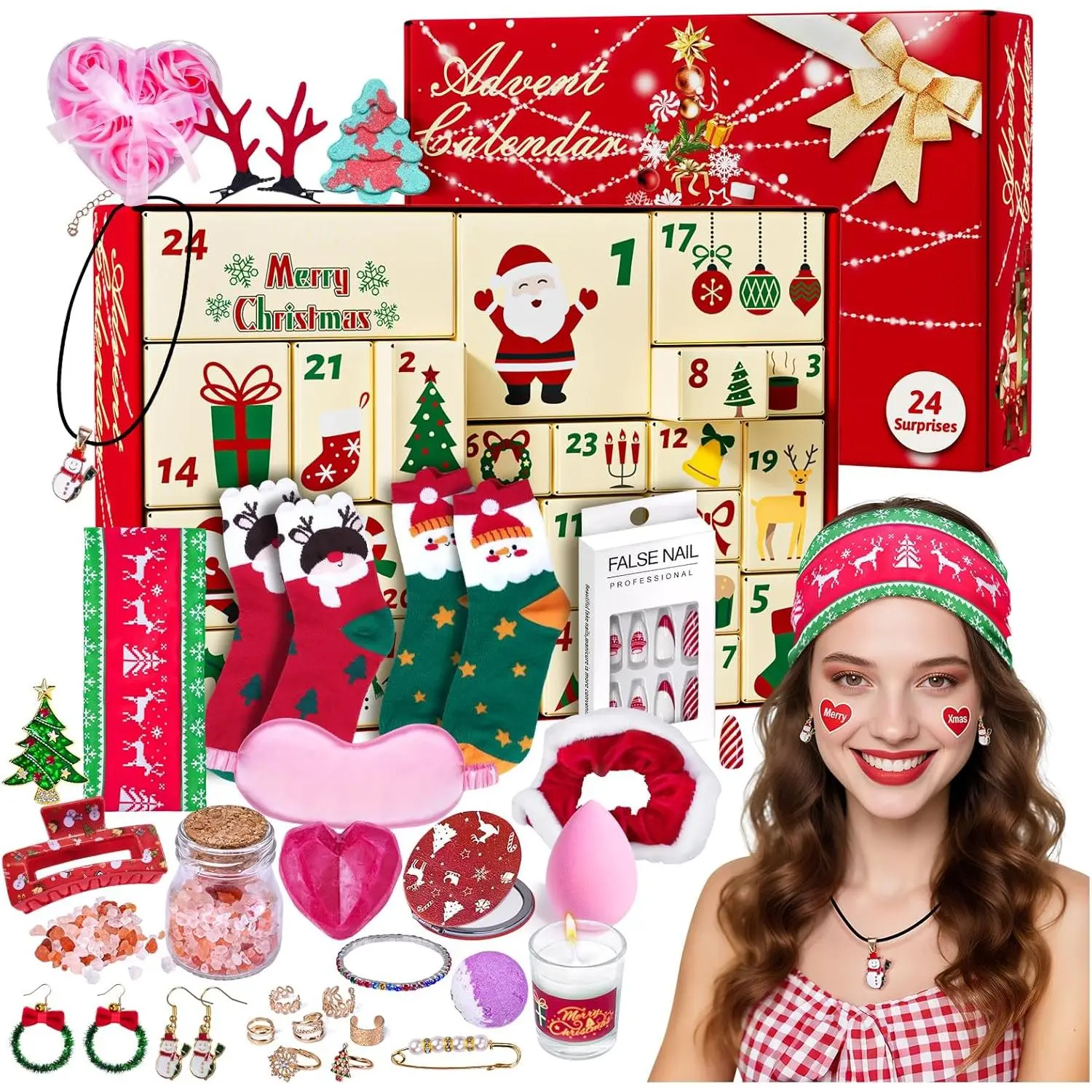 Women's 2025 Christmas Advent Calendar - 24-Pieces Female-Focused Countdown Gift Set with Fashion Jewelry (Dangle Earrings, Rings), Aromatherapy Items, Beauty Products, Hair Accessories, Eye Mask, Socks, Pins, Hairbands for Teens & Holiday Gifting, Santa,