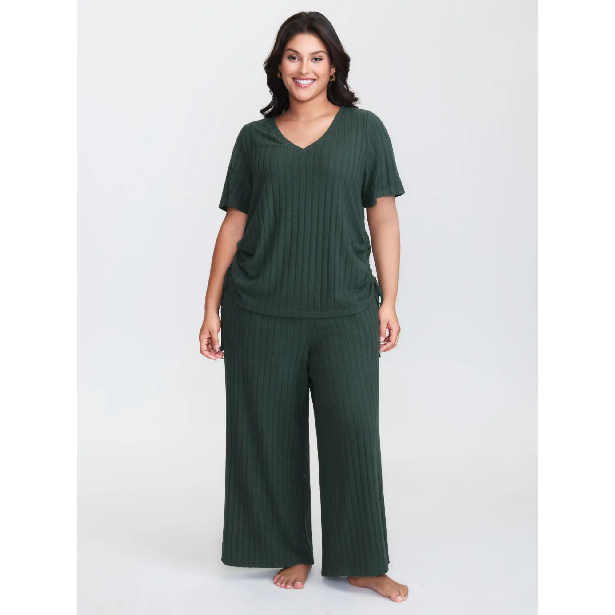 BloomChic Plus Size Textured Spandex Lounge Set, 2-Piece Nightwear with Short Sleeve Top and Drawstring Shorts with Pockets, Tops, Bottoms, Garment, Loungewear, Fit, Pajama, Flat, Shortsleeve, Fabric, Plus Size Clothes, Low Iron, Casual, 2 Piece Sets, Com
