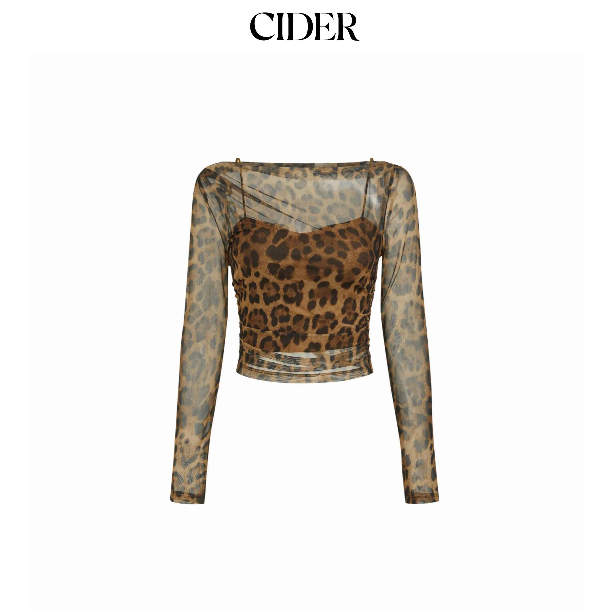 Cider Mesh Leopard Boat Neck Long Sleeve See-through Top With Cami Top