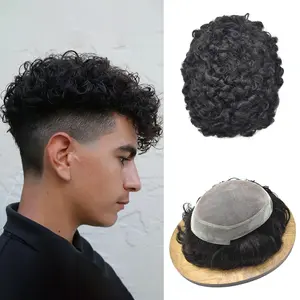 Fine Mono Men Hair Piece Human Hair Piece 20mm 25mm Curl Mens Toupee Mono Center with Poly Skin Around Hair System for Men US Stock