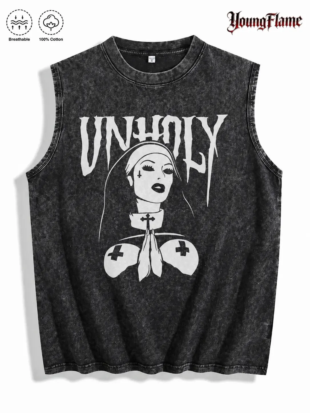 Vintage Acid Wash Unholy Gothic Nun Graphic Tee A Comfortable Summer Gift Dark Grunge Streetwear Y2K Clothing Men Sleeveless Tank Top cotton shirt Washed T-Shirts fall fashion outfit