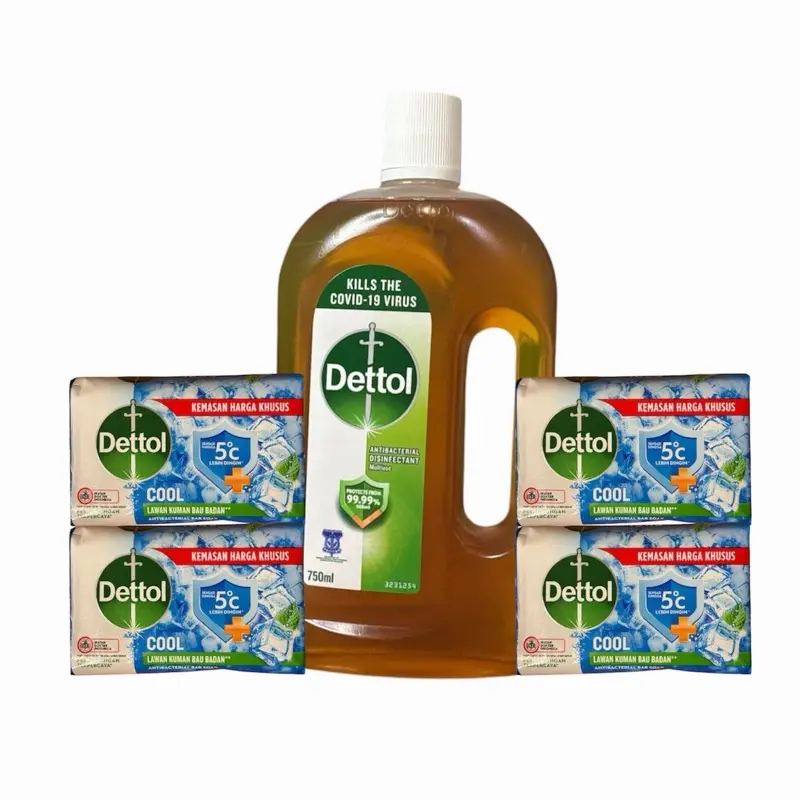Dettol Original Antibacterial Disinfectant Liquid (750ml) & 4 Cool Soap Bars Gentle Personal Care Set, Daily Cleansing for Intimate & General Hygiene