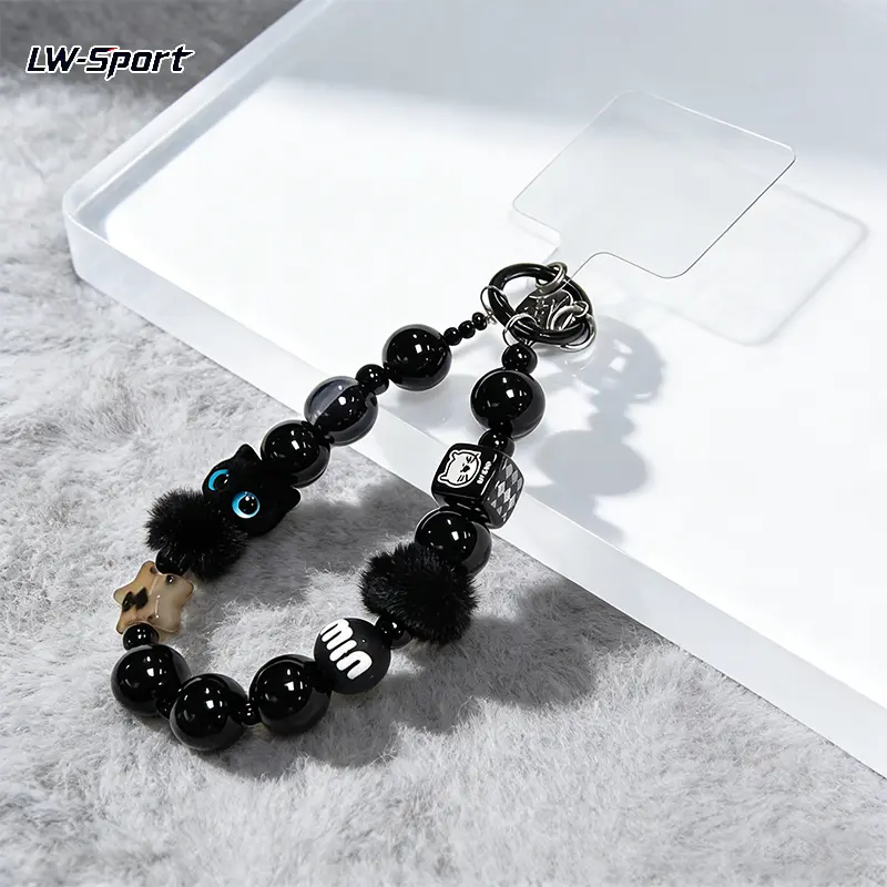 Cute Black Cat Beaded Phone Charm Wrist Strap, Handmade Acrylic Bead Phone Lanyard, Aesthetic Kawaii Cell Phone Charm, Bag Charm Keychain, Anti-Drop Wristlet, Y2K Goth Coquette Accessories, TikTok Viral Gift for Women Girls