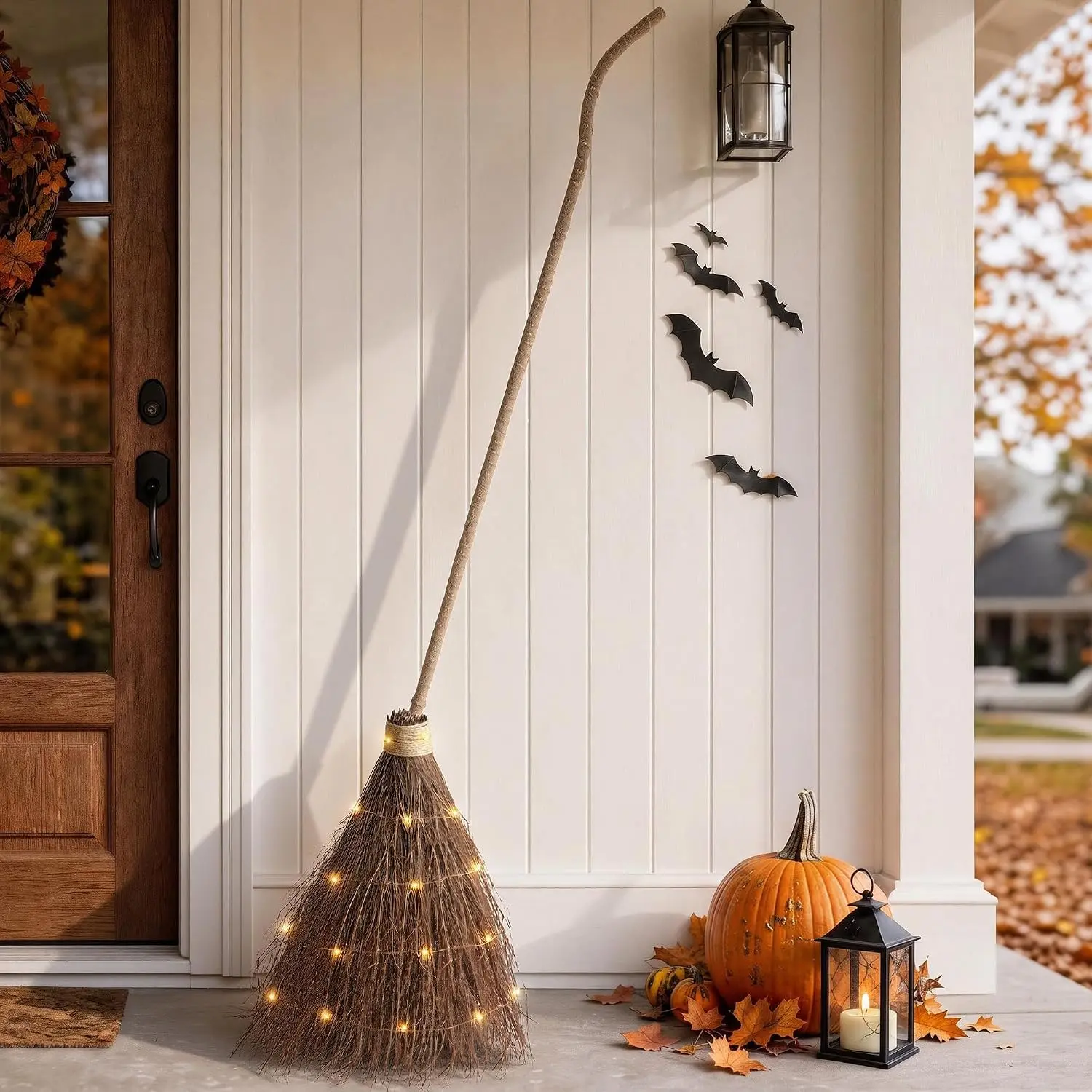 Halloween Decorations - 6 FT Giant Light Up Witch Broom, Vintage Witches Broomstick Fall Decor with LED Lights, Rustic Farmhouse Halloween Broom for Indoor Outdoor Porch Yard Lawn
