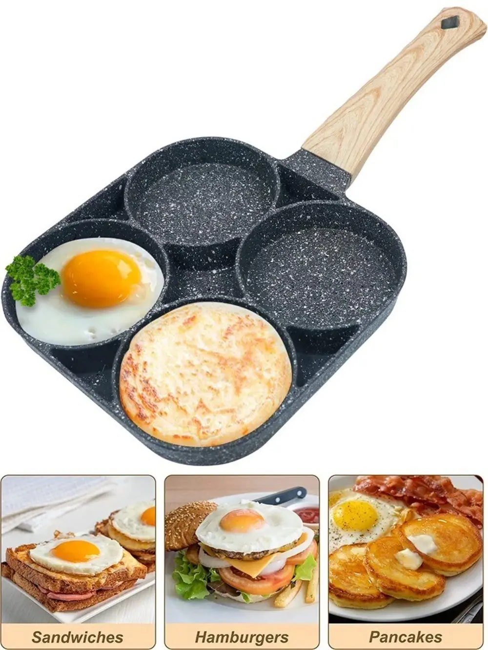Aluminum 4-Hole Rectangular Nonstick Medical Stone Egg Frying Pan with Stainless Steel Cooking Basket, 4-Cup Pancake Pan Compatible with Gas and Induction Cooktops