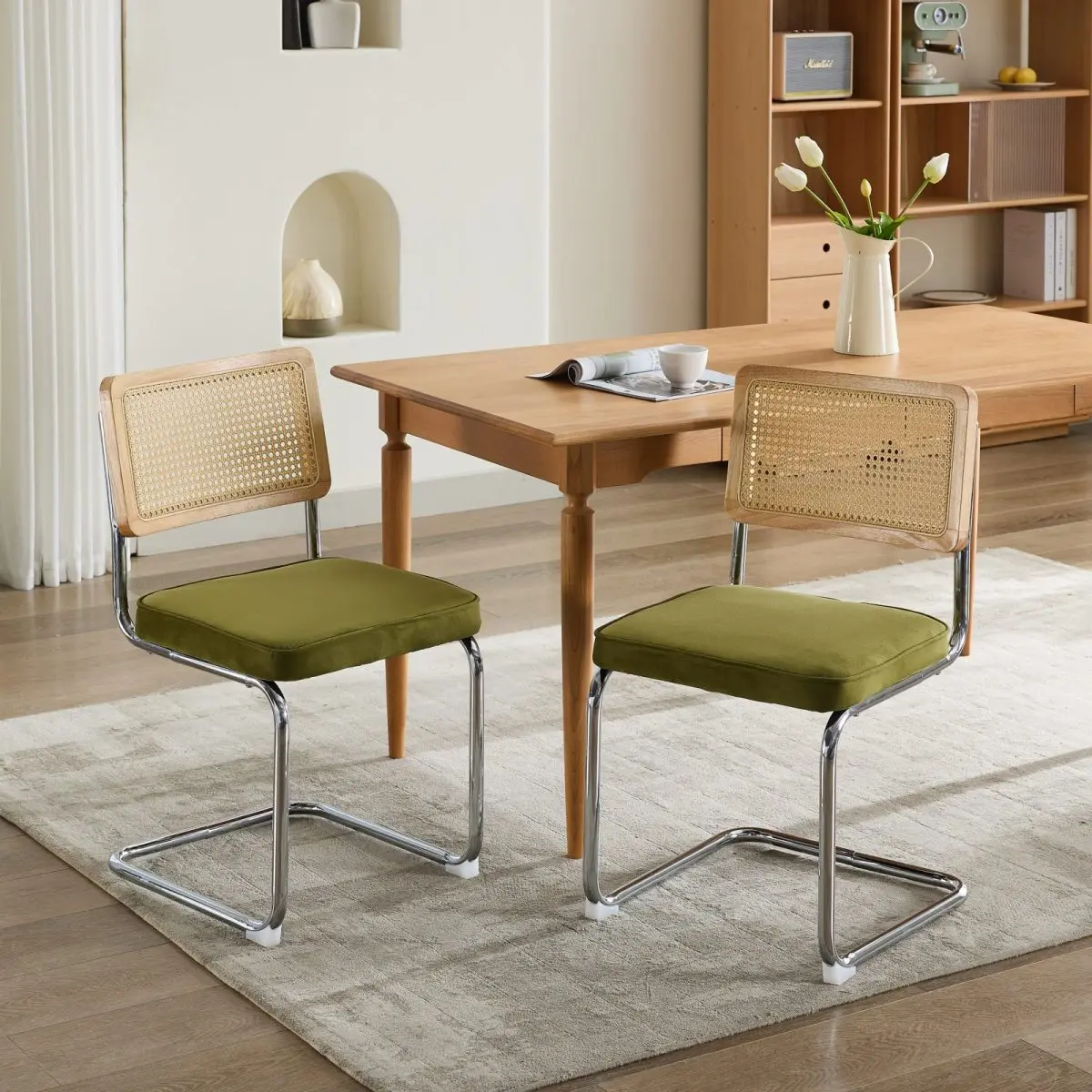 [Fahuac] Spring-Based Dining Cantilever Chair - Velvet Upholstery, 360LB Weight Capacity, Steel Frame, Rattan Back, for Indoor Dining Room Use, Spring-Based Dining Chairs