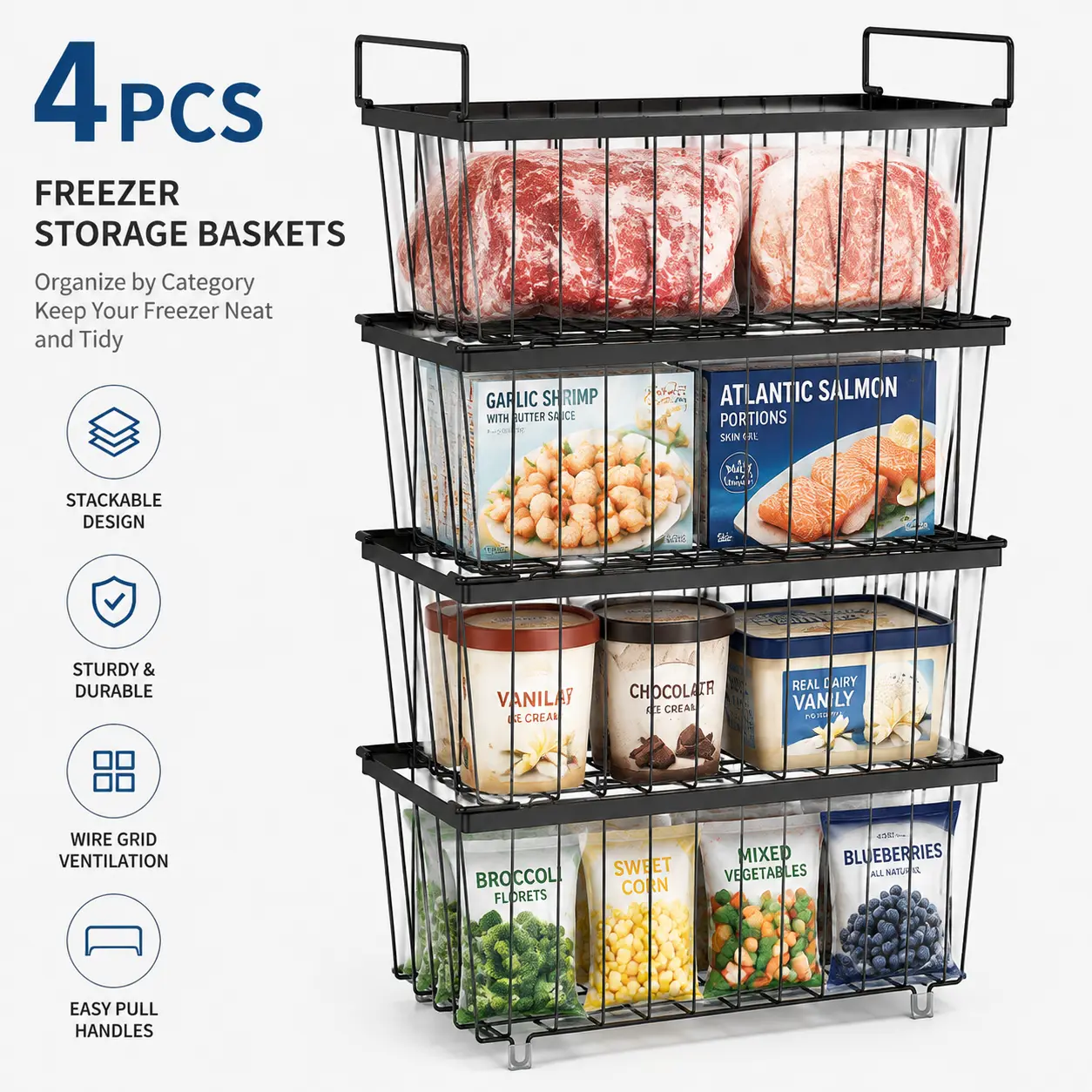 Rectangular Freezer Organizer Bins, 4/6 Pack Small Stackable Storage Baskets for 7 Cu.Ft Freezers, Easy Bottom Food Access, Black