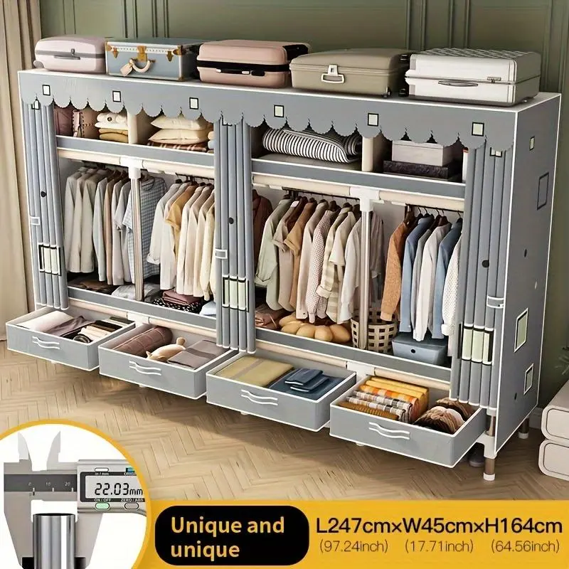 Freestanding Wardrobe Closet, 97-in Extra Large Clever Storage Organizer with Cover, 4 Drawers, 4 Hanging Rods, Drawer Organizer Wardrobe, Easy-Install Indoor Furniture, Heavy-Duty Wardrobes