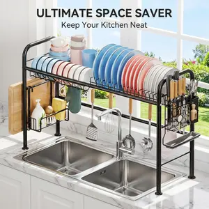 “2-Tier Over-Sink Dish Drying Rack – Large Space-Saving Stainless Steel Kitchen Organizer with Cutlery & Drain Basket, Fits Most Sinks, Perfect for Busy Families & Home Cooks!”  folding dish drying racks