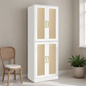 Modern Pantry Cabinet with 4 Rattan Doors and 2 Adjustable Shelves,Storage cabinets with Gold Handles,Versatile Storage for Laundry Room, Living Room, Bathroom, Dinning Room, Utility Room Apartment Furniture Organizer