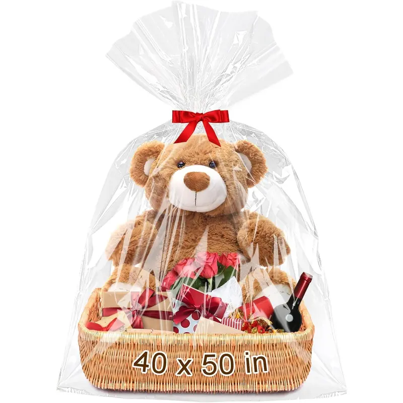 40"x 50"  Cellophane Bags, 6 count  Clear Cellophane Wrap 3 Mil Thick Plastic  Wrapping Bags for  Baskets Birthday  Shower Halloween Party Favors