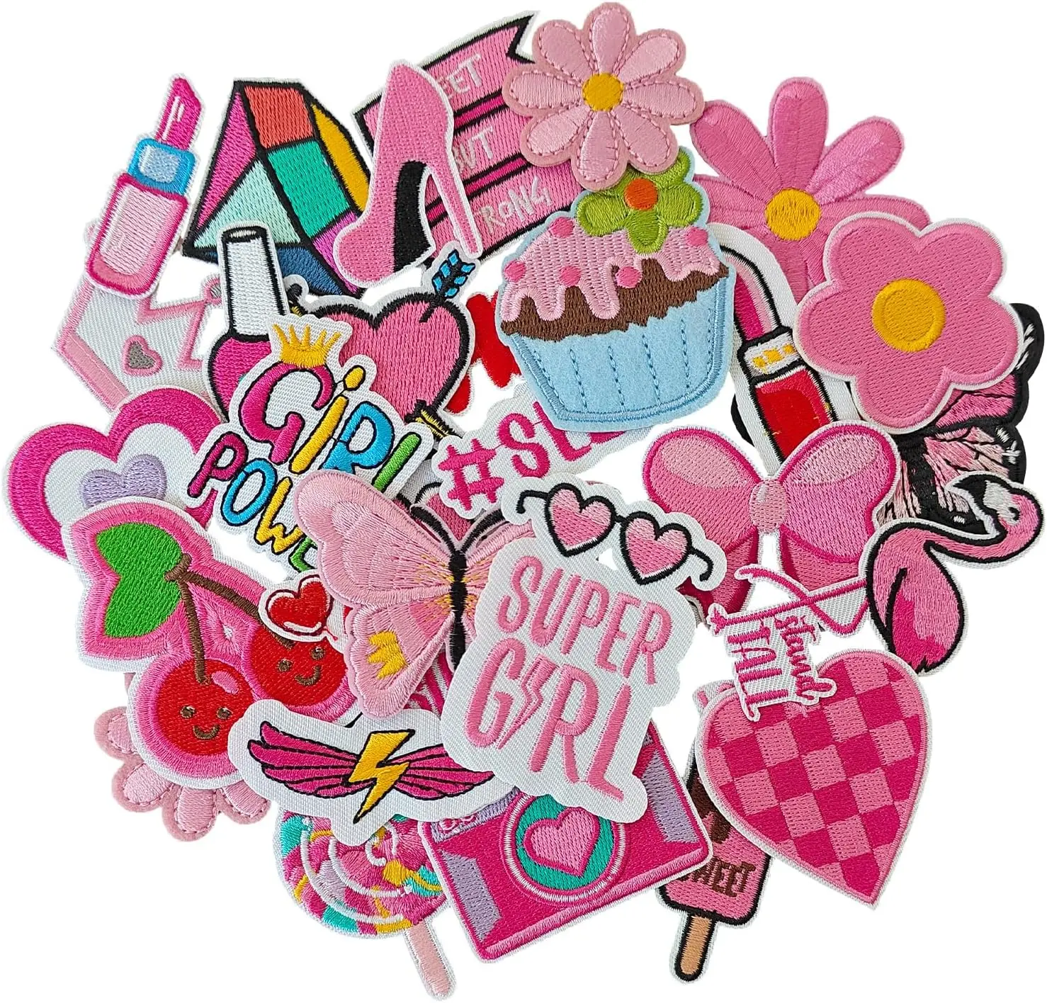 32PCS Pink Embroidered Patches Bulk Patches Queen Iron on Embroidered Patch Lightning Applique Pink Ace Iron on Badge for Personaliztion on Hats, Clothes, Bags etc patch applique
