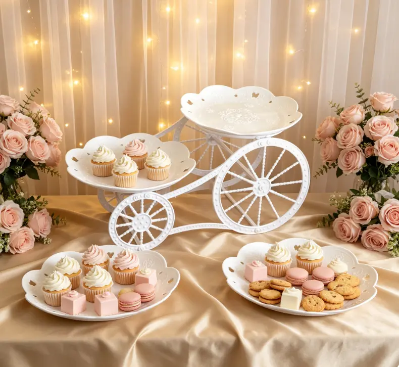 Plastic 2-Tier Horse-Drawn Carriage-Themed Cake Stand Set - Round/Square Decorative Cupcake Stands for Family Celebrations, Birthdays & Special Occasions Food Display (Festive Home Party Cake Decoration Supplies)