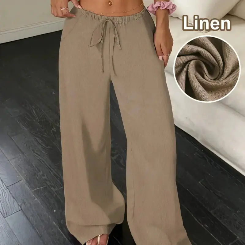 【Black Friday】Women's Casual Minimalist Loose-Fit Lightweight Linen Breathable Wide-Leg Pants, Flowing Trousers, Casual Mid-Rise Long Trousers, Comfortable Summer Fashion