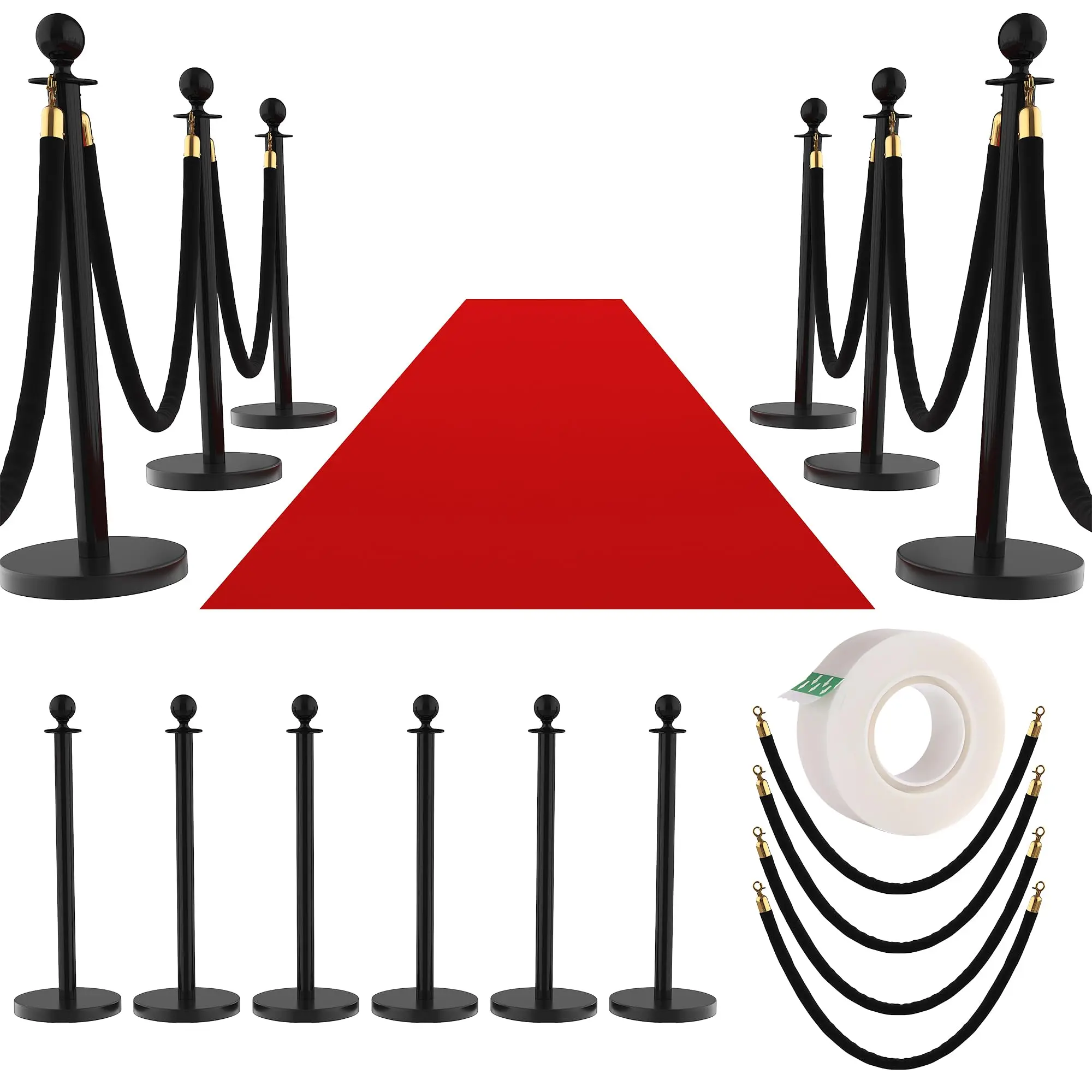 Durable Stainless Steel Crowd Control Stanchions Set (8PCS with Retractable Bars, 6 Velvet Ropes, 26FT Red Carpet, Filled Base, Tool-Free Assembly) - Indoor & Outdoor Safety Barriers for Hotel, Wedding Events