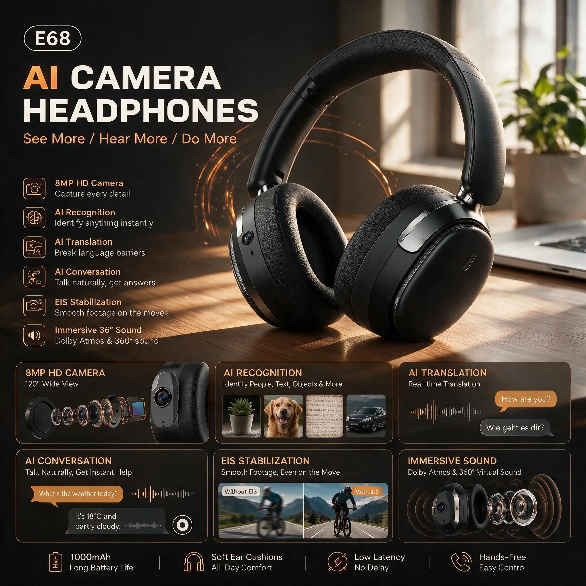 E68 Over-Ear Bluetooth Headphones with AI Camera, 5.4 Noise Cancelling, 8MP HD Camera, Recognition, Assistant, Real-Time Translation, Voice Recording, EIS Stabilization, Dual 40mm Speakers, Immersive Sound, 1000mAh Battery for Work & Daily Life