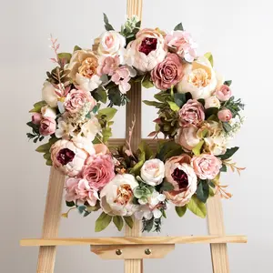 Spring Artificial Peony Rose Wreath, Colorful Flowers & Greenery, Plastic DIY Party Decor, Home Office Decoration, Mother's Day Easter, Floral, Artificial Plant Decor