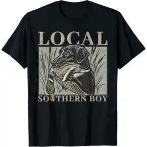 Menswear Classic Round Neck Short-Sleeve Duck Hunting Lab Vintage T-Shirt - Local Southern Boy Design, Moisture-Wicking Fabric, Street Casual Look, for Adult Outdoor Activities, Earth Day