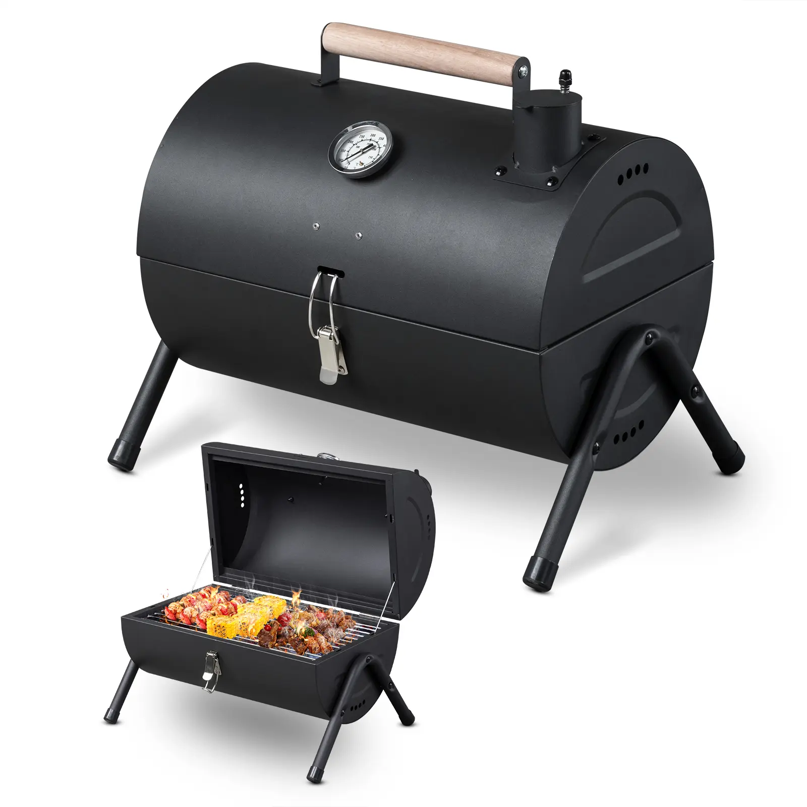 Lockable Barrel Charcoal BBQ Grill - Compact Tabletop Charcoal BBQ Grills with Thermometer, Wooden Handle, Temperature Control, Portable for Outdoor Camping, Picnic, Backyard Parties