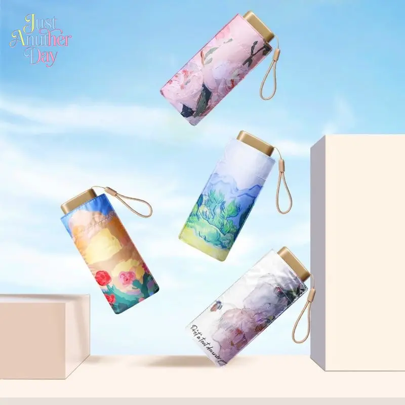 Oil Painting Print Mini Umbrella, 6-Fold Compact Sun & Rain Umbrella, UPF 50+ UV Protection, Lightweight Portable Parasol for Women, Stylish & Customizable