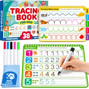 QUOKKA Reusable Tracing Book Learning Activity Set - Preschool Alphabet Tool, Tracing Preschool Books, Learning Tool for Kids Ages 3-5, Dry Erase Spiral Notebook School Supplies with 35+ Wipe-Clean Pages, 5 Markers for Writing Practice