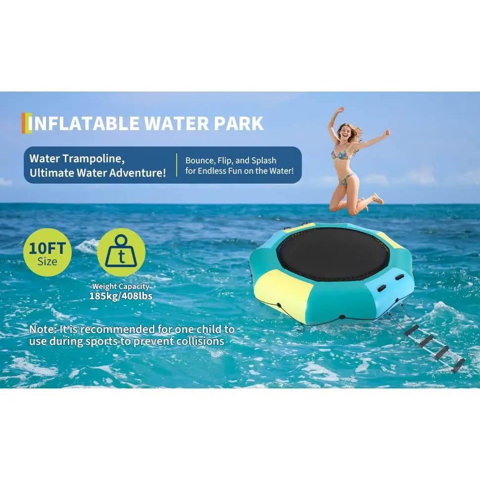 Inflatable Water Trampoline, 10FT 15FT, Floating Water Trampoline for Adults for Lake Pool Ocean, w/ 4-Step Rope Ladder/Mooring Ropes/Infatable Nozzles/Reversible Air Pump/ Anchor Bags