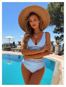 Women's High Waisted Bikini Sets Tummy Control Swimsuit Color Block Two Piece Drawstring Bathing Suit for Teens Girls Flattering Swimwear
