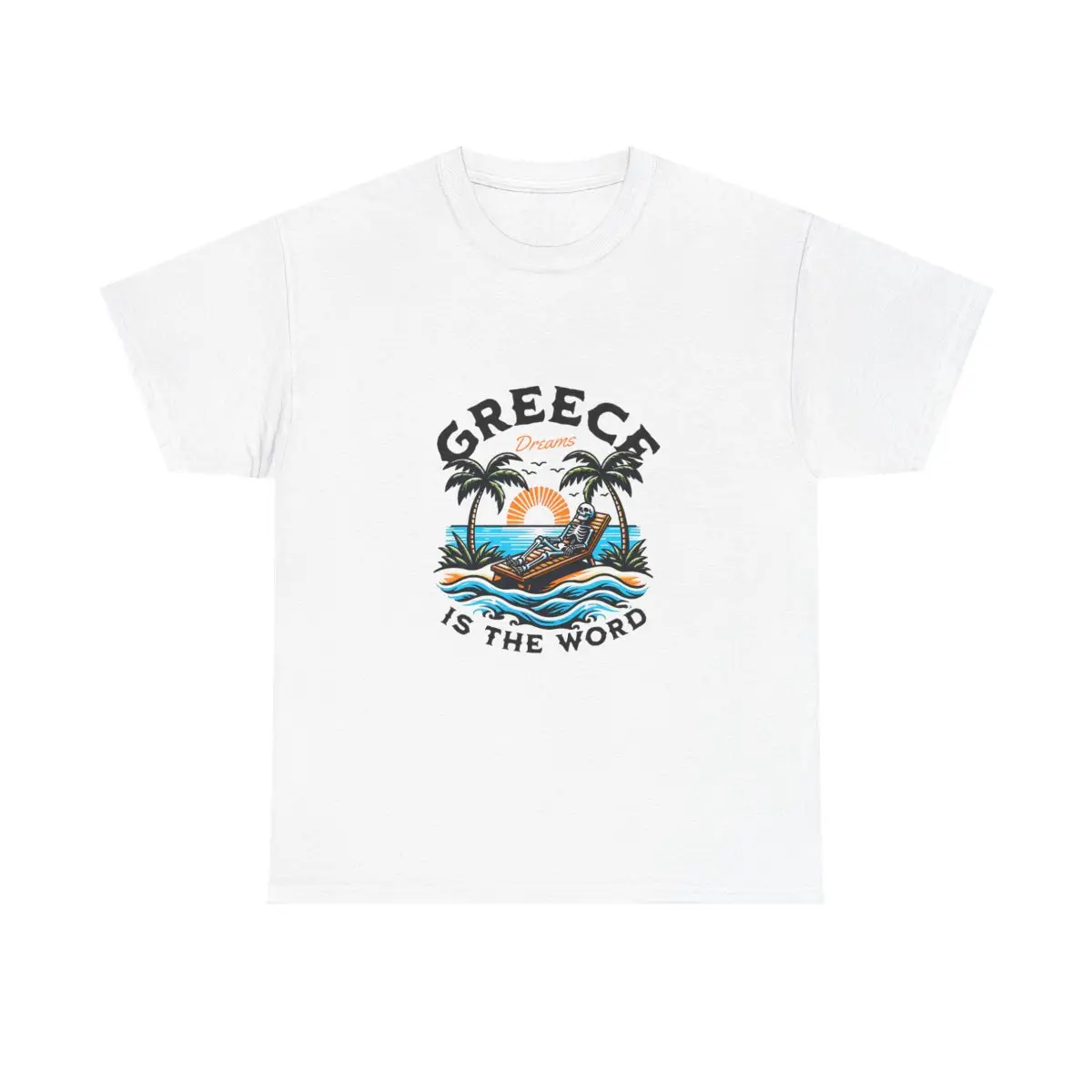 Greek Skeleton Beach Chair T-shirt, Greece is the Word Tee, Unisex Heavy Cotton Shirt, Summer Vacation Top, Mediterranean Holiday Clothing,