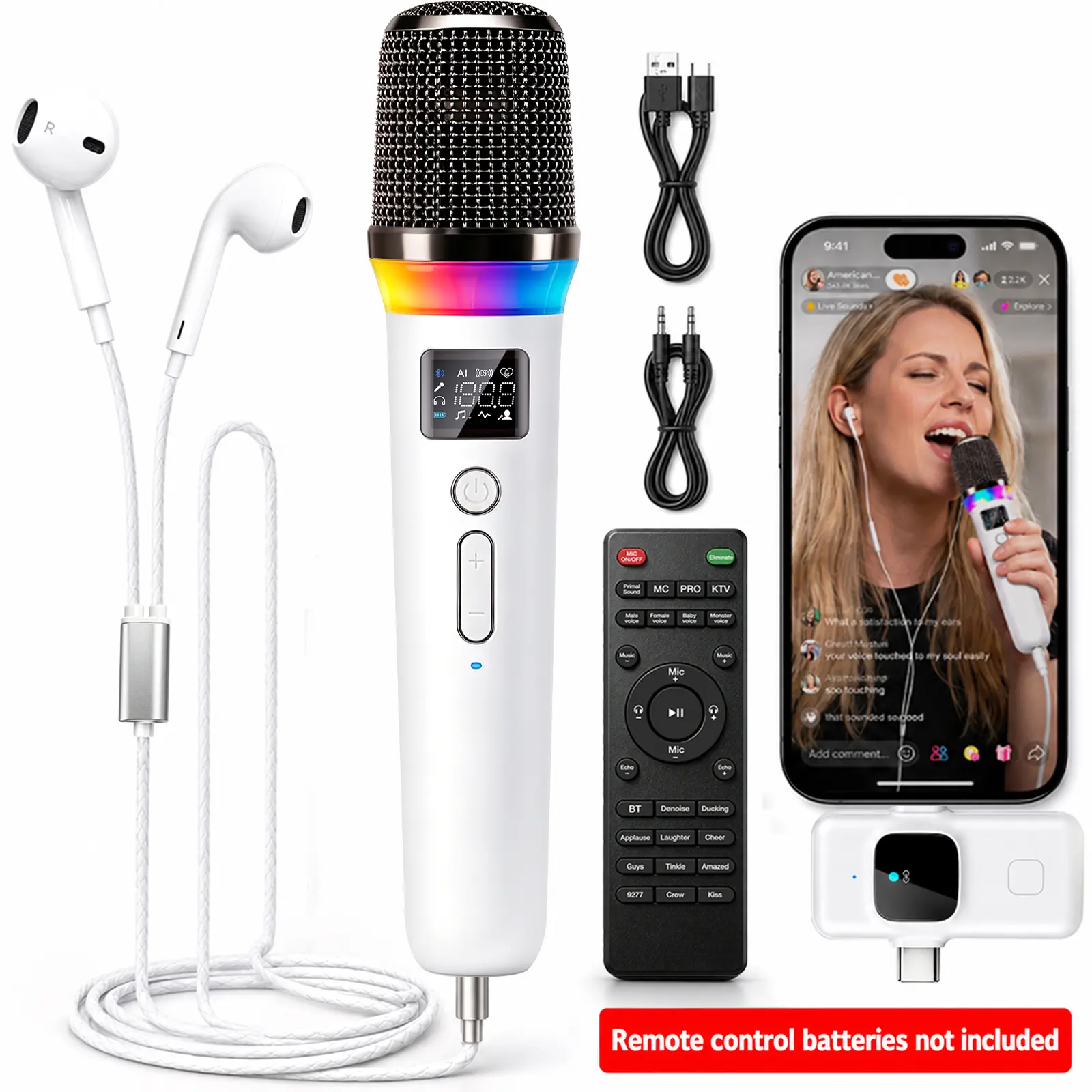 4-in-1 Handheld Microphone with Built-in Sound Card, AI Voice Changer, Noise Reduction, DJ Mixer, RGB Light, Remote Audio Control, Compatible with Smartphone, PC for Karaoke, Streaming