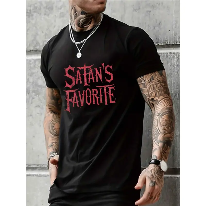 Men's Plus Size Gothic Satan's Favorite T-Shirt - White with Red Devil Lettering & Pentagram Design, Casual Short Sleeve Round Neck Tee for Heavy Metal Fans, Style pparel, Mens Tshirt, Menswear Crewneck Shortsleeve Top