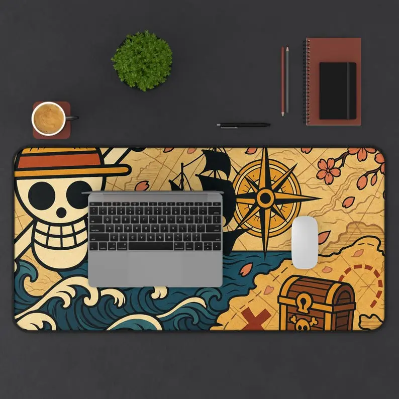 Pirate Treasure Map Desk Mat, Gaming Mouse Pad, Jolly Roger XXL Desk Pad, Ocean Waves Cherry Blossoms Desk Mat